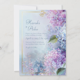 Pastell Dimbla Hydrangea Förgylld Guld Ram Bröllop Inbjudningar