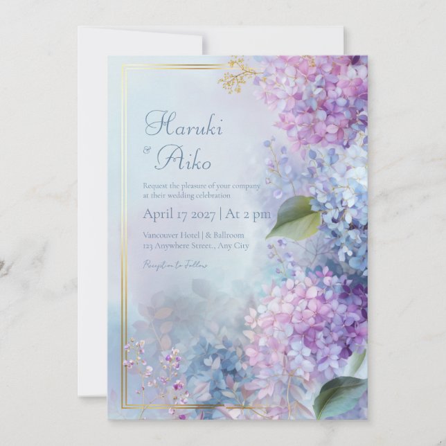 Pastell Dimbla Hydrangea Förgylld Guld Ram Bröllop Inbjudningar (Framsida)