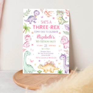 Pastell Dinosaurie Tre Rex Flicka 3-årsdag Inbjudningar
