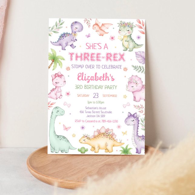 Pastell Dinosaurie Tre Rex Flicka 3-årsdag Inbjudningar (Skapare uppladdad)