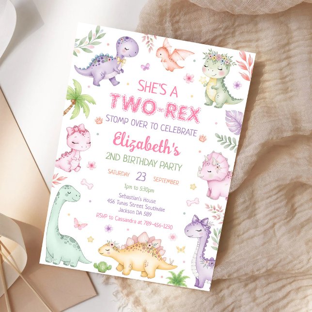 Pastell Dinosaurie Två Rex Flicka 2-årsdag Inbjudningar (Skapare uppladdad)