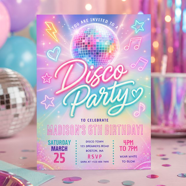 Pastell Disco Glow Party Födelsedag Inbjudningar (Skapare uppladdad)