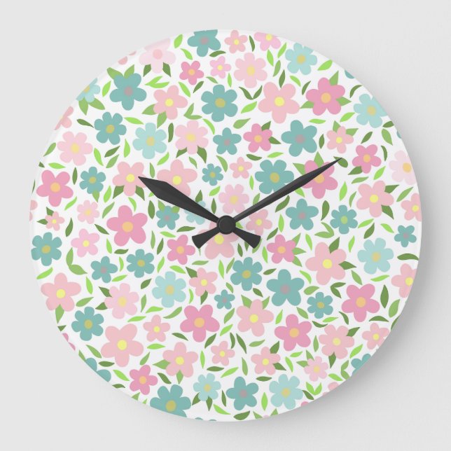 Pastell Ditsy Blommig Shabby Chic Coquette Stor Klocka (Framsida)