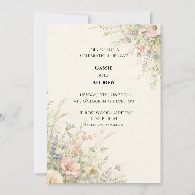 Pastell Engelska Trädgård Vildblomma Bröllop Inbjudningar (Framsida)