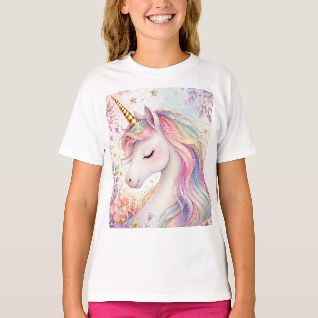 Pastell Enhörning Blommor T Shirt (Framsida)