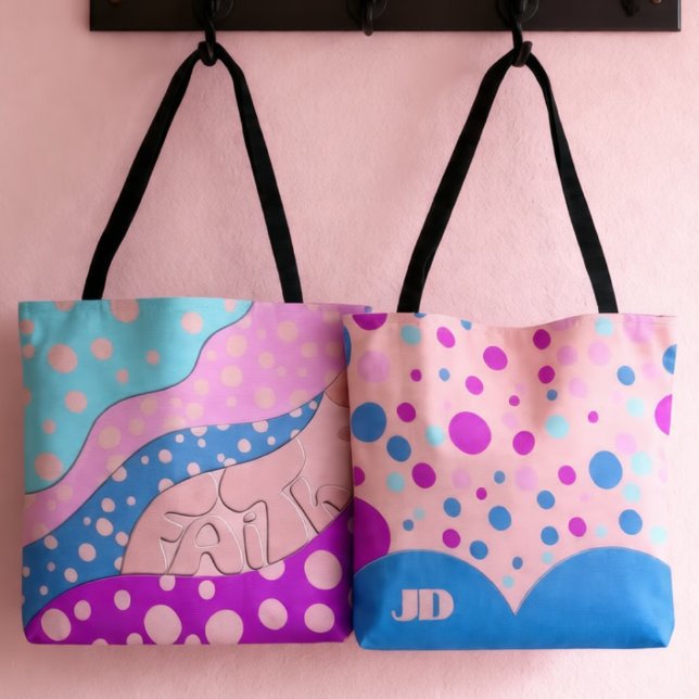 Pastell Faith Bokstavsprydnad Polkadott Tygkasse (Carry a little Faith with you. Initials on the back make it yours. Pretty pastel blue and pink.)