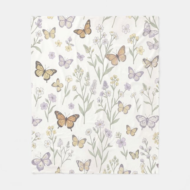 Pastell Färg Äng Blommor Fjärilar Botanisk  Fleecefilt (Framsidan)
