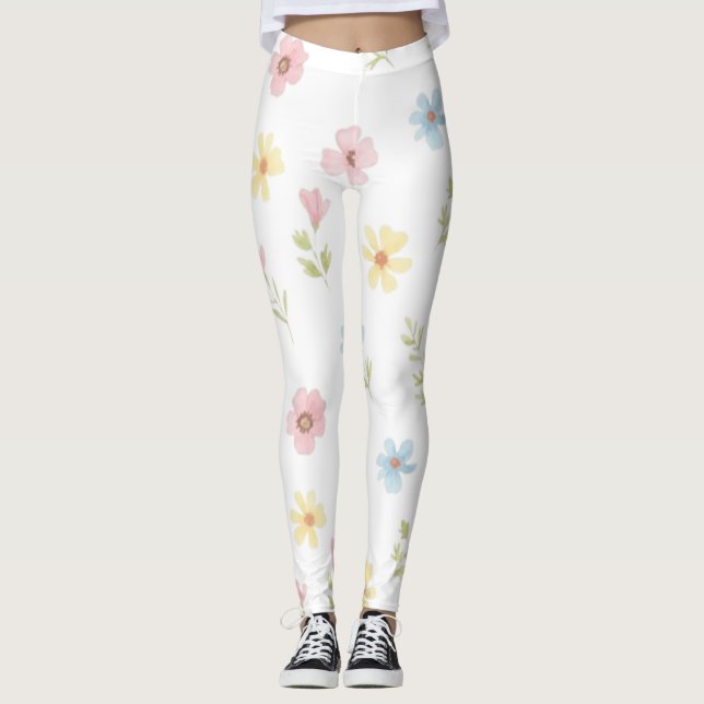 Pastell Färg Blommig Akvarell Leggings - Boho Vild (Framsida)