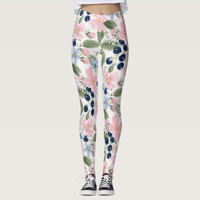 Pastell Färg Blomster & Blåbärs Blommotiv  Leggings (Framsida)