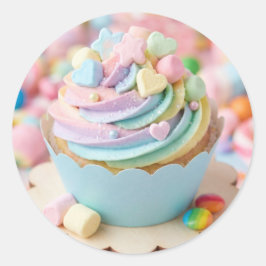 Pastell Färgad Marshmallow Regnbåge Cupcake Födels Runt Klistermärke