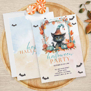 Pastell Färgad Pumpa Svart Katt Halloween Fest Inbjudningar