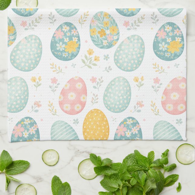 Pastell Färgade Påskägg Blommönster - Sött Vårtema Kökshandduk (Vikta)