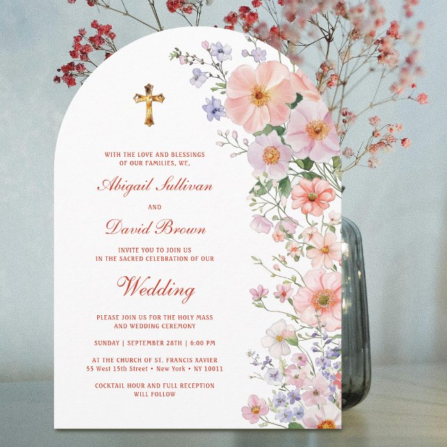 Pastell Färgade Vilda Blommor Båge Religiös Bröllo Inbjudningar (Skapare uppladdad)