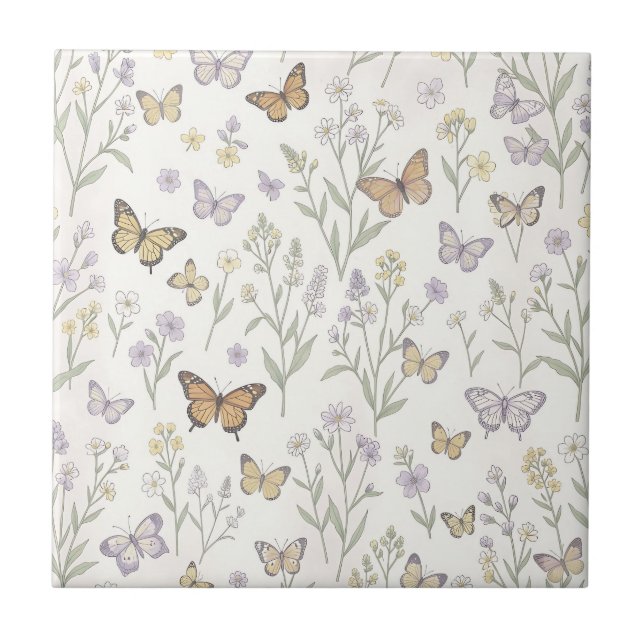 Pastell Färgade Vilda Blommor Fjärilar Äng Botanis Kakelplatta (Framsidan)