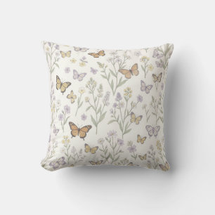 Pastell Färgade Vilda Blommor Fjärilar Äng Botanis Kudde