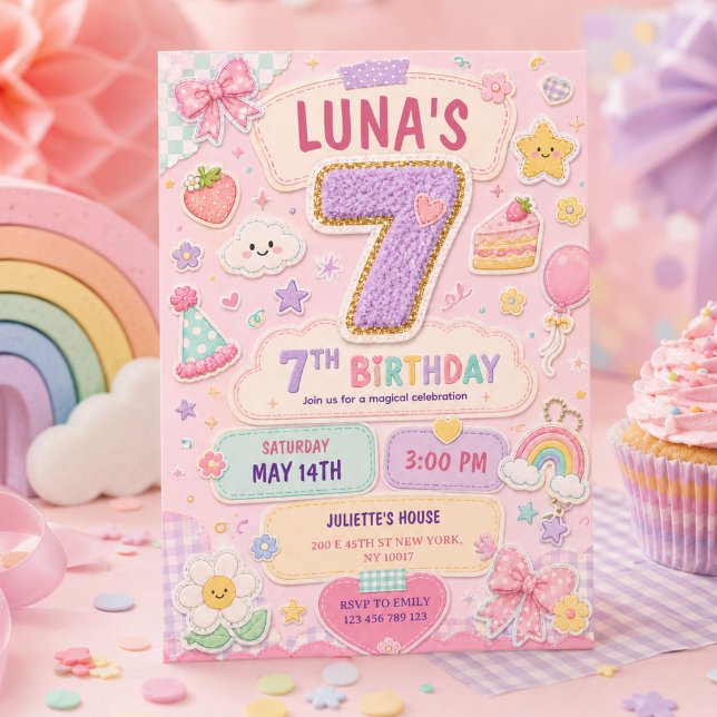Pastell Färgglad Regnbåge 7-års Födelsedagsfest Tj Inbjudningar (Pastel Patchwork Rainbow 7th Birthday Party Girl Invitation
)
