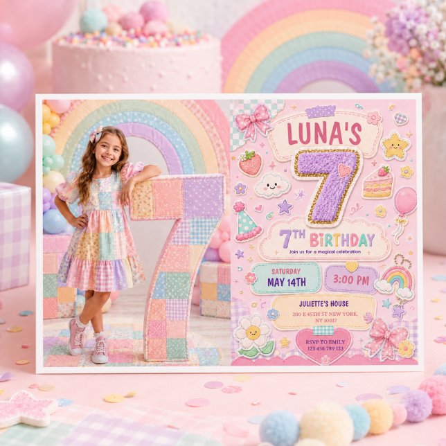 Pastell Färgglad Regnbåge 7-års Födelsedagsfest Tj Inbjudningar (Pastel Patchwork Rainbow 7th Birthday Party Girl Invitation
)