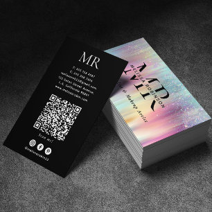 Pastell Färgglad Regnbåge Glitter Monogram & QR-ko Visitkort