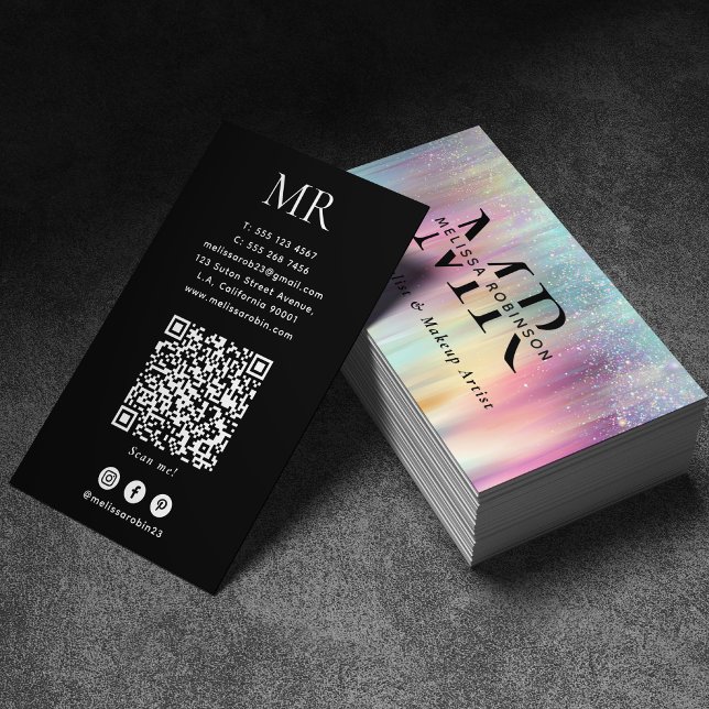 Pastell Färgglad Regnbåge Glitter Monogram & QR-ko Visitkort (Skapare uppladdad)