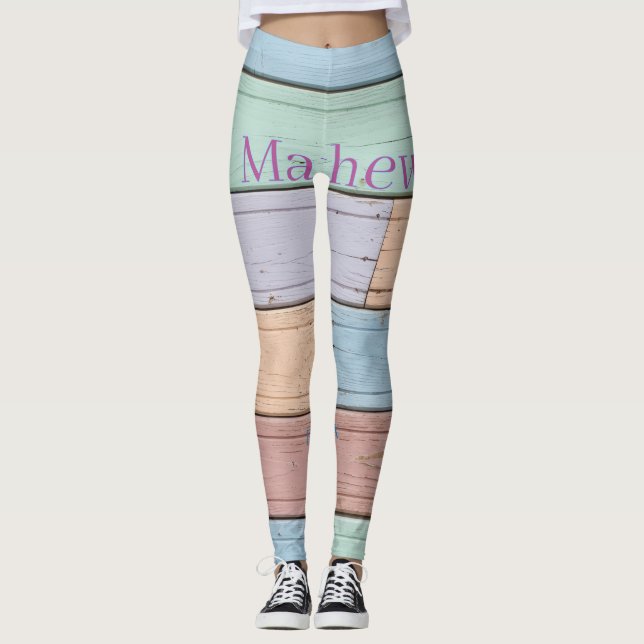 pastell färgglada trärustika monogram est. år namn leggings (Framsida)