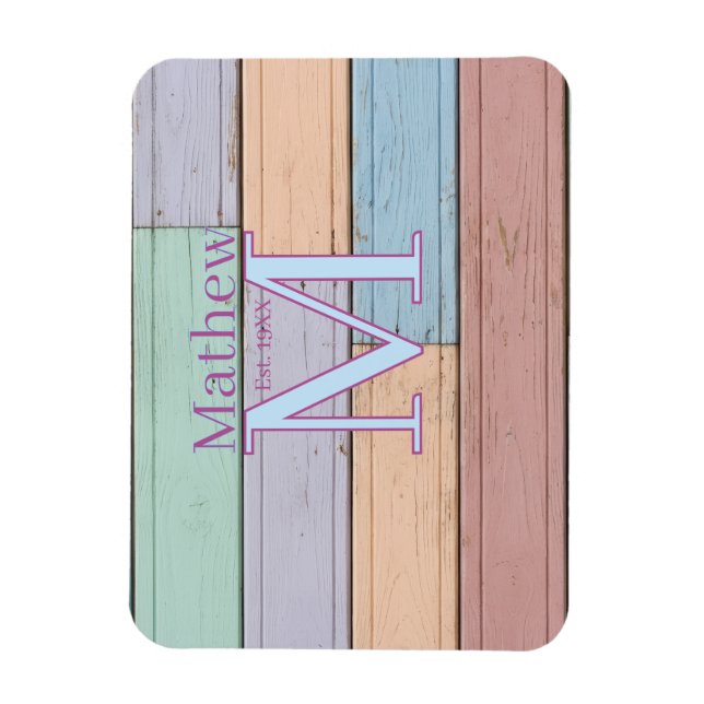 pastell färgglada trärustika monogram est. år namn magnet (Vertikal)