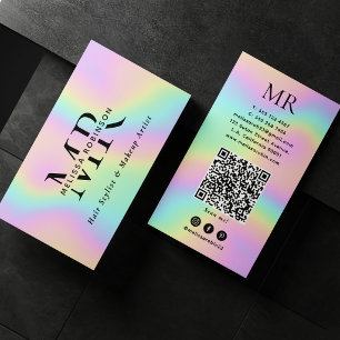 Pastell Färgglatt Holografiskt Monogram och QR-kod Visitkort