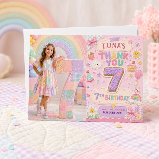 Pastell Färgglatt Patchwork 7-års Födelsedagsfiran Tack Kort (Pastel Patchwork Rainbow 7th Birthday Party Girl Thank You Card
)