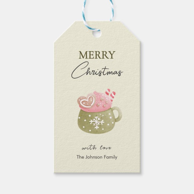 Pastell Fika Kopp Kakor God Jul Presentetikett (Framsidan)