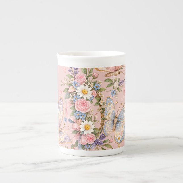 Pastell Fjäril Födelsedags Trädgård  Benporslin Mugg (Framsidan)