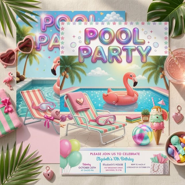 Pastell Flamingo Flicka 10-års Födelsedags Poolpar Inbjudningar (Skapare uppladdad)
