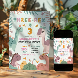 Pastell flicka dinosaurie 3-års födelsedagsinbjuda inbjudningar