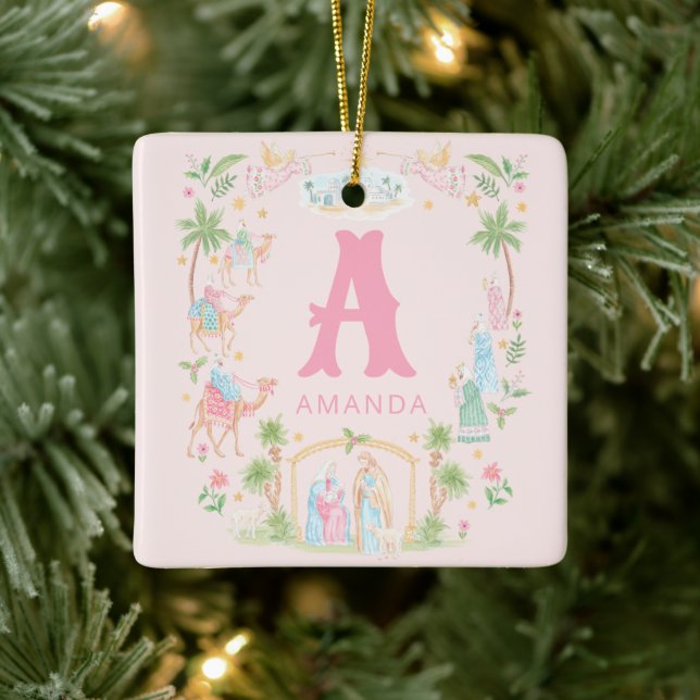 Pastell Födelse Monogram Julgransprydnad Keramik (Träd)