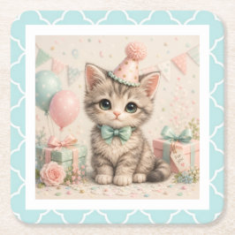 Pastell Födelsedags Katt Illustration Underlägg Papper Kvadrat