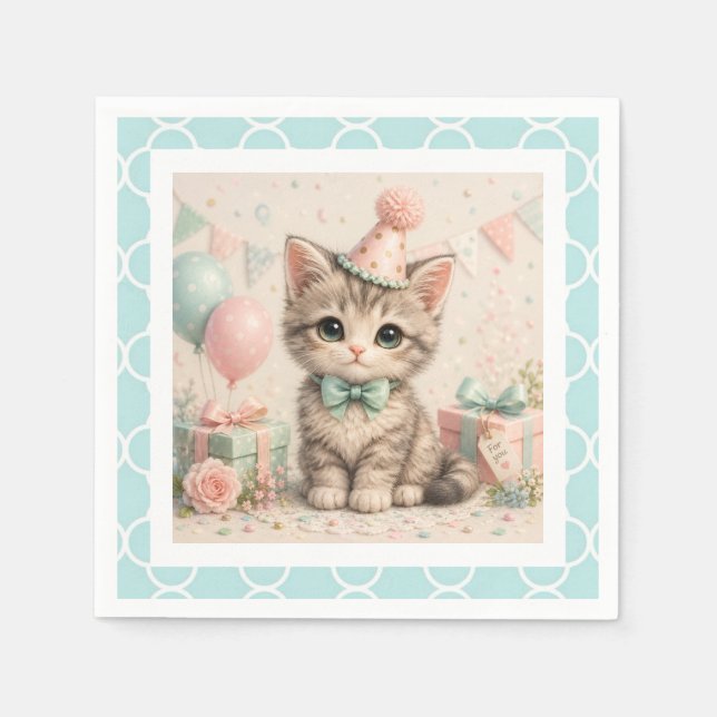 Pastell Födelsedags Kattunge Illustration Papperss Pappersservett (Framsidan)