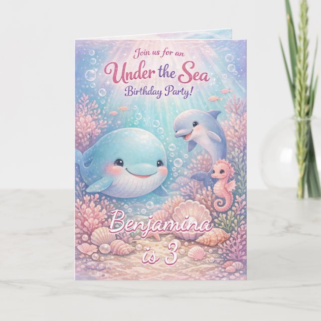 Pastell Födelsedagsfest för Val och Delfin Under H Inbjudan (Framsida)
