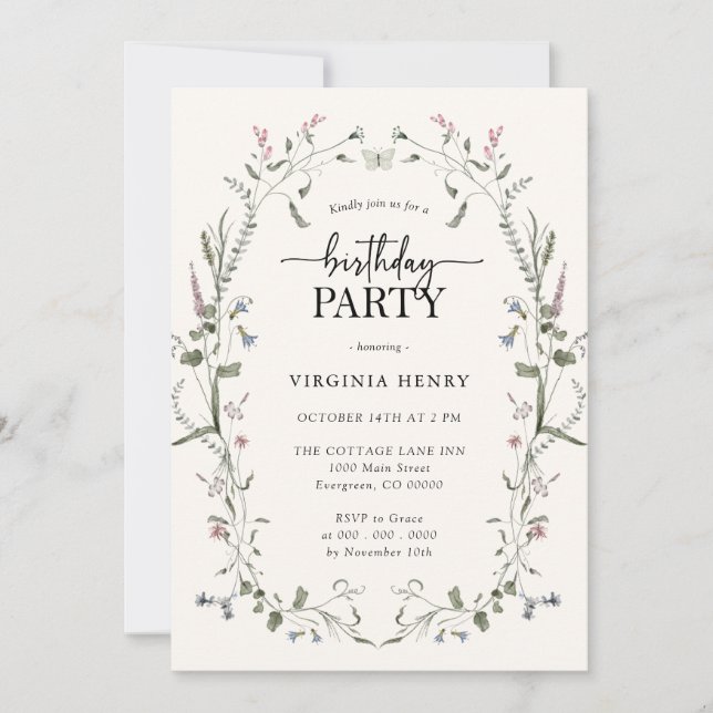 Pastell Födelsedagsfest Inbjudan med Blommor (Framsida)