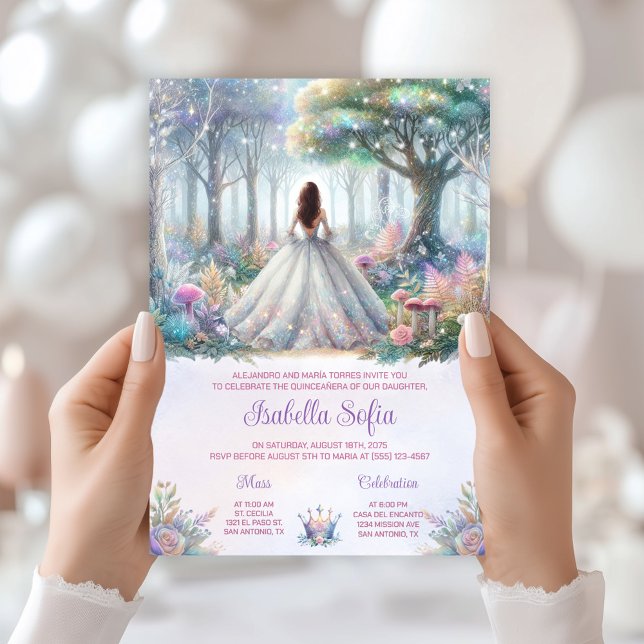 Pastell Förtrollad Skog Quinceañera Inbjudningar (Enchanted forest invitation with beautiful back view. All text can be changed as needed.)
