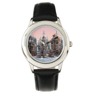 Pastell Futuristisk Stad Fantasi Siluett Konst Armbandsur