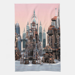 Pastell Futuristisk Stad Fantasi Siluett Konst Kökshandduk