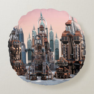 Pastell Futuristisk Stad Fantasi Siluett Konst Rund Kudde
