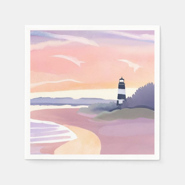 Pastell Fyrtorn | Kustnära Strand Shore Akvarell Pappersservett (Framsidan)