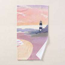 Pastell Fyrtorn | Kustnära strand vattenfärg