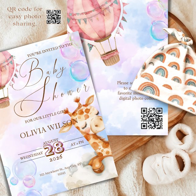 Pastell Giraff Bebis-fest Inbjudan med QR-kod (Skapare uppladdad)