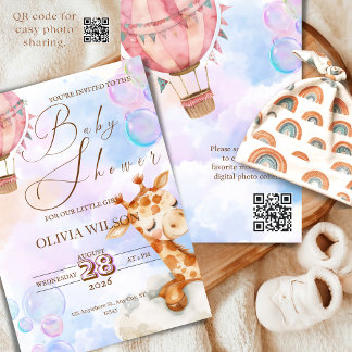 Pastell Giraff Bebis-fest Inbjudan med QR-kod