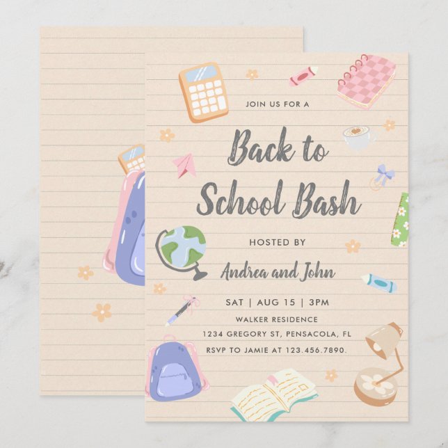 Pastell Glad Tillbaka Till Skolan Bash-fest Inbjudningar (Fram/baksida)