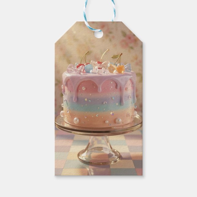 Pastell Glas Mat Estetik Regnbåge Födelsedagstårta Presentetikett (Framsidan)