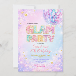 Pastell Glitter Disco Glam Barnkalas Inbjudningar
