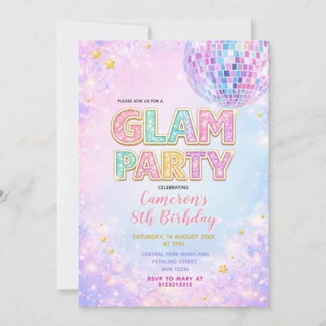 Pastell Glitter Disco Glam Barnkalas Inbjudningar (Framsida)