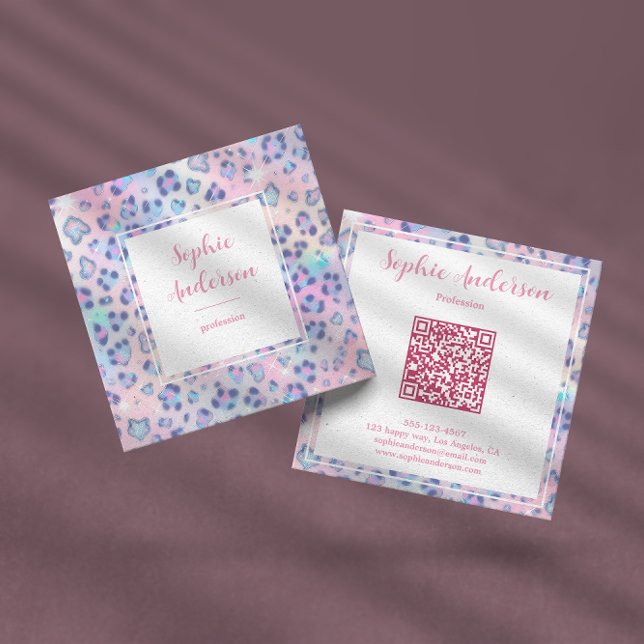 Pastell Glitter Leopardtryck med Qr-kod Fyrkantigt Visitkort (Skapare uppladdad)