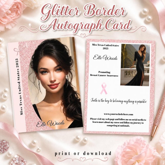 Pastell Glitter Pageant Autografkort Inbjudningar (Elegant and impressive, this autograph card features a rose gold glitter border to frame your photo)